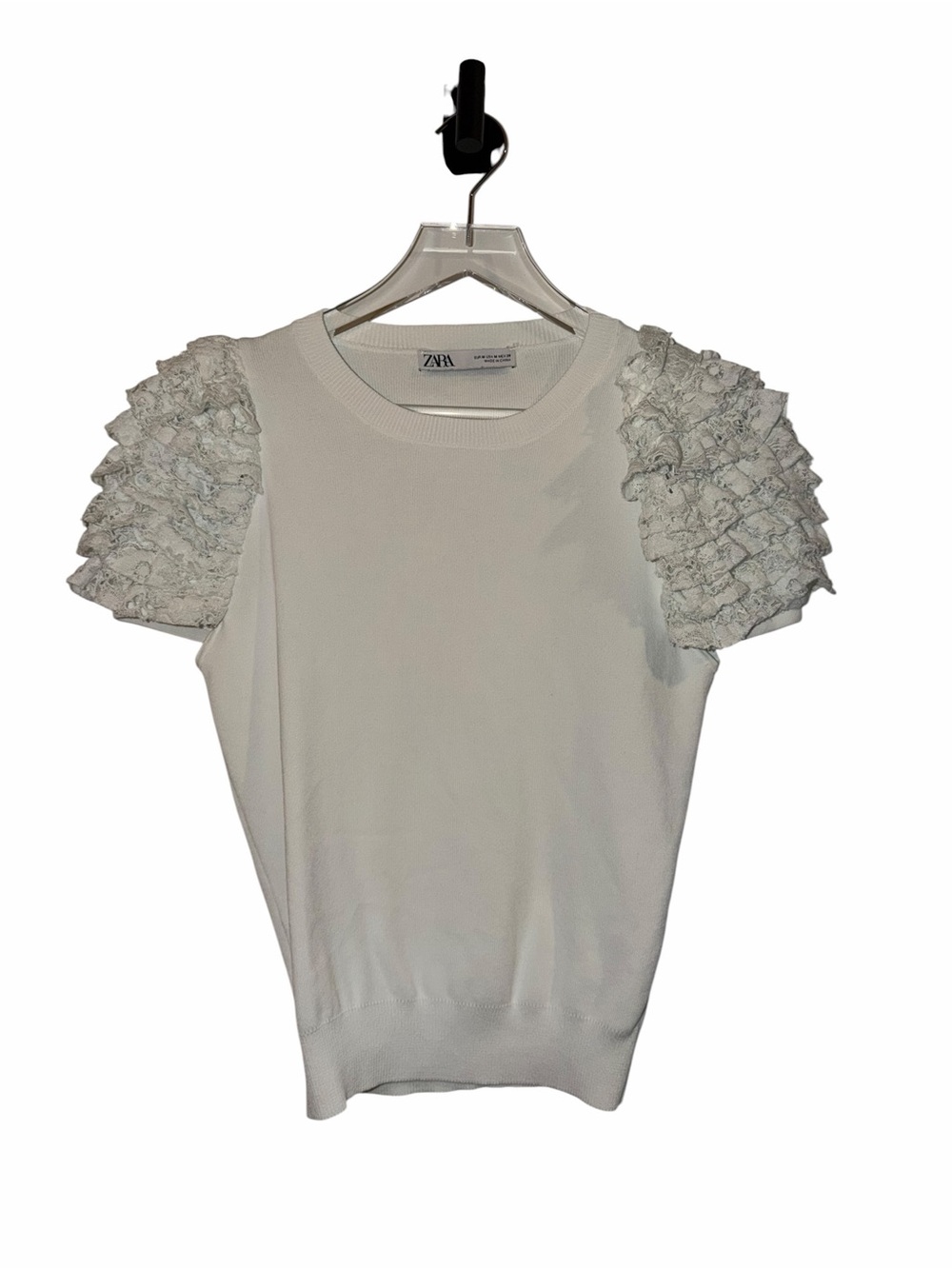 ZARA White Short-Sleeve Knit Top with Layered Puff Sleeves